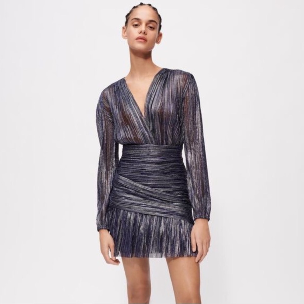 Maje Lamé Metallic Blue Wrap Dress Size 36 - Women's Evening Dress